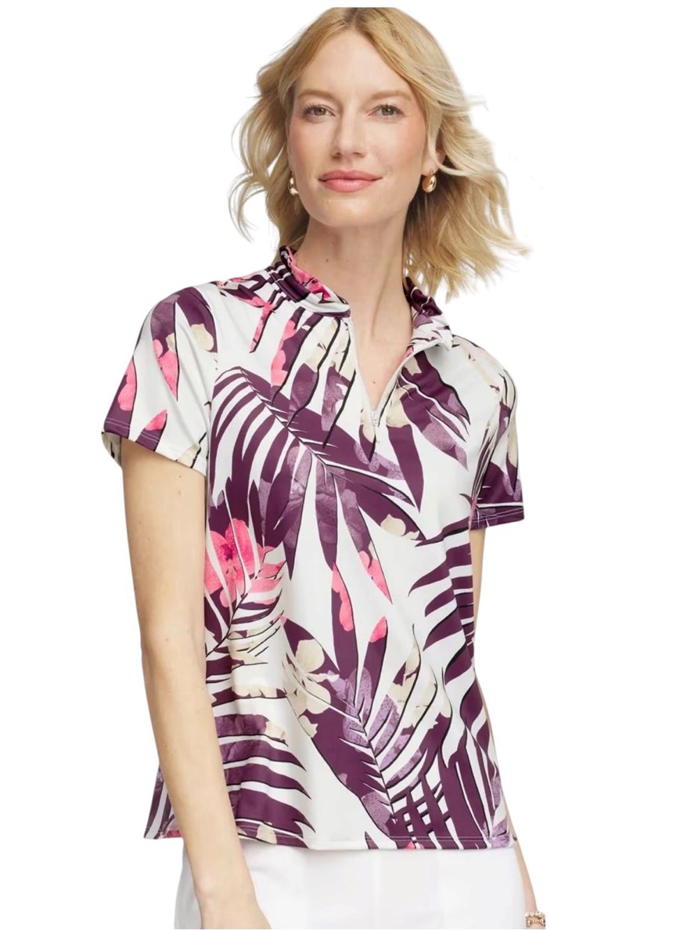Chico's Zenergy UPF Ruffle-Neck Zip Polo Size 3 / XL Golf Pickleball Stretch NEW